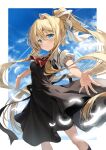  air black_dress blonde_hair blue_eyes blue_sky cloud dress feet_out_of_frame hair_ribbon highres kakao_rantan kamio_misuzu long_hair necktie outstretched_arms pinafore_dress ponytail red_necktie ribbon school_uniform shirt sky white_shirt 