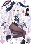  1girl absurdres animal_ears ass blue_archive blush bottle card flat_chest highres hina_(blue_archive) holding holding_card leggings long_hair looking_at_viewer nyne_star playboy_bunny purple_eyes rabbit_ears solo white_hair wine_bottle 