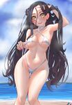  1girl alternate_costume beach bikini black_hair dreamer_(girls&#039;_frontline) girls&#039;_frontline green_eyes halterneck hand_in_own_hair hand_on_own_head highres long_hair nail_polish popoman sangvis_ferri string_bikini swimsuit white_bikini 