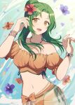  1girl :d bare_shoulders bead_bracelet bead_necklace beads bikini blue_flower bracelet breasts brown_eyes crml_orng elincia_ridell_crimea fire_emblem fire_emblem:_radiant_dawn fire_emblem_heroes flower forehead green_hair hair_flower hair_ornament hands_up hibiscus highres jewelry long_hair looking_at_viewer medium_breasts navel necklace off-shoulder_bikini off_shoulder open_mouth orange_bikini orange_flower puffy_short_sleeves puffy_sleeves red_flower sarong see-through short_sleeves side-tie_bikini smile solo stomach swimsuit upper_body 