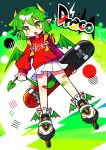  1girl absurdres bandages blush_stickers brown_eyes character_name draco_centauros dragon_girl dragon_horns dragon_tail dragon_wings fang green_hair highres holding holding_skateboard hood hoodie horns long_sleeves offbeat open_mouth pleated_skirt puyopuyo red_hoodie roller_skates short_hair skateboard skates skirt solo tail white_skirt wings 