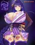  1girl blush breasts female_pubic_hair genshin_impact hair_ornament highres huge_breasts licking_lips pubic_hair pubic_tattoo punishedplume purple_eyes purple_hair purple_legwear pussy queen_of_hearts_symbol raiden_shogun smirk tattoo tattoo_on_hips tongue tongue_out vision_(genshin_impact) 