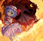  1girl :d absurdres ascot bat bat_wings black_background blue_hair bow crescent_moon dress fang feet_out_of_frame frills hat highres medium_dress mob_cap moon offbeat orange_eyes red_ascot red_bow remilia_scarlet short_hair smile solo touhou white_dress wings 