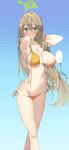  !? ... 1girl absurdres bangs bikini blue_archive blush breasts closed_mouth commentary eyebrows_visible_through_hair green_eyes hair_between_eyes halo harenchi highres large_breasts long_hair looking_at_viewer nonomi_(blue_archive) nose_blush orange_bikini side-tie_bikini simple_background solo speech_bubble sweat swimsuit tears untied untied_bikini very_long_hair 