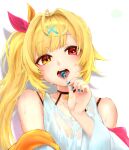  1girl bangs blonde_hair blunt_bangs breasts candy choker cleavage eating festa11307070 food hair_ornament hairclip heterochromia highres hoshikawa_sara licking lollipop long_hair looking_at_viewer nail_polish nijisanji open_mouth red_eyes see-through shadow side_ponytail simple_background solo sweat tank_top tongue tongue_out virtual_youtuber wet wet_clothes white_background yellow_eyes 