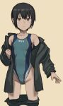  1girl 2equal8 black_eyes black_hair black_jacket black_panties commentary_request competition_swimsuit cowboy_shot flat_chest groin highleg highleg_swimsuit highres jacket kino_(kino_no_tabi) kino_no_tabi looking_at_viewer multicolored_clothes multicolored_swimsuit one-piece_swimsuit open_clothes orange_background panties short_hair simple_background solo swimsuit swimsuit_under_clothes underwear undressing 