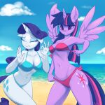  2022 5_fingers anthro anthrofied artist_name beach bikini blush breasts cleavage clothed clothing cutie_mark day duo equid equine eyebrow_through_hair eyebrows eyes_closed eyshadow fajeh female fingers friendship_is_magic hair hi_res horn long_hair mammal multicolored_hair my_little_pony navel outside purple_body purple_hair rarity_(mlp) seaside standing swimwear translucent translucent_hair twilight_sparkle_(mlp) unicorn water white_body winged_unicorn wings 