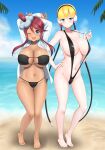  2girls ;d alternate_breast_size arms_up ass_visible_through_thighs bangs bare_shoulders barefoot beach bikini black_bikini black_swimsuit blonde_hair blue_eyes blue_sky blunt_bangs blush breasts cleavage closed_mouth clothes_pull cloud collarbone commentary_request contrapposto dark-skinned_female dark_skin day elesa_(pokemon) eyebrows_visible_through_hair eyepatch_bikini full_body groin hair_between_eyes hair_ornament hand_on_hip headphones highres huge_breasts jacket large_breasts lens_flare long_hair long_sleeves looking_at_viewer multiple_girls navel ocean one_eye_closed one_side_up open_clothes open_jacket open_mouth outdoors palm_leaf pokemon pokemon_(game) pokemon_bw rainbow red_hair shadow short_hair sidelocks sky skyla_(pokemon) slingshot_swimsuit smile standing stomach strap_pull string_bikini swept_bangs swimsuit swimsuit_pull tan thigh_gap underboob white_jacket yue_(show-ei) 