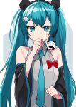  1girl animal_ears bare_shoulders black_hairband blue_eyes blue_hair blue_necktie blush bow cha_sakura creature creature_on_shoulder detached_sleeves eyebrows_visible_through_hair fake_animal_ears hair_ornament hairband hairclip hatsune_miku highres long_hair necktie on_shoulder pout red_bow sweat very_long_hair vocaloid wide_sleeves 