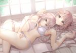  2girls bangs bare_arms bare_shoulders bow bow_bra bow_panties bra breasts brown_hair closed_mouth commentary_request frilled_bra frills girl_on_top grey_eyes hair_between_eyes hands_up indoors inui_sajuna inui_shinju long_hair looking_at_viewer lying medium_breasts multiple_girls neki_(wakiko) on_back on_side panties sono_bisque_doll_wa_koi_wo_suru underwear underwear_only white_bra white_panties window 