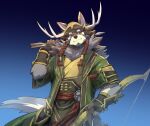  1boy animal_ears arrow_(projectile) bara blue_background bow_(weapon) braid brown_eyes brown_fur brown_hair closed_mouth coat deer_antlers furry furry_male gradient gradient_background hair_between_eyes hand_up highres holding holding_arrow holding_bow_(weapon) holding_weapon male_focus mongolian_clothes relax_lion smile solo tail tassel temujin_(housamo) thick_eyebrows tokyo_afterschool_summoners tusks upper_body weapon wolf_boy wolf_ears wolf_tail 