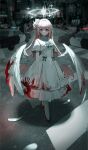  1girl absurdres blood blood_on_clothes blood_on_face bloody_wings blue_archive blurry blurry_background bow breasts car closed_mouth dress feathered_wings feathers flower frilled_dress frills ground_vehicle hair_bun hair_flower hair_ornament halo hand_print highres long_hair looking_at_viewer low_wings mika_(blue_archive) motor_vehicle outdoors pink_hair police_car red_eyes red_footwear road short_sleeves single_side_bun small_breasts solo sparkle street very_long_hair walking white_dress white_legwear wings xiu_kukkii 