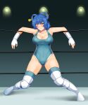  1girl ass_visible_through_thighs blue_eyes blue_hair blue_leotard blush boots breasts chisel cleavage competition_swimsuit covered_navel cross-laced_footwear elbow_pads exhausted fingerless_gloves full_body gloves hair_ornament hair_rings hair_stick heavy_breathing highres indoors kaku_seiga knee_pads large_breasts leotard light_blue_hair lights lips looking_at_viewer mattyakinako_(odango_imomushi) medium_hair one-piece_swimsuit one_eye_closed rope solo stage_lights sweat swimsuit thigh_boots touhou touhou_tag_dream white_footwear white_gloves wrestling_outfit wrestling_ring 