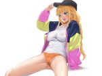  1girl baseball_cap blonde_hair blue_eyes fuooooo hat highres jacket long_hair open_mouth orange_panties panties paripi_koumei see-through simple_background solo spread_legs tsukimi_eiko underwear very_long_hair white_background 