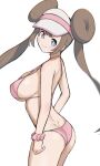  1girl absurdres ass bikini blue_eyes breasts brown_hair closed_mouth dimples_of_venus floating_hair from_side highres large_breasts long_hair looking_at_viewer looking_to_the_side no_nose pink_bikini pink_scrunchie pokemon pokemon_(game) pokemon_bw2 rosa_(pokemon) scrunchie sideboob sidelocks simple_background smile solo strap_gap swimsuit tsuneshima very_long_hair visor_cap white_background wrist_scrunchie 