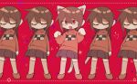  5girls animal_ears braid brown_hair cat_ears cat_tail closed_eyes closed_mouth fang highres hrdrifter kitchen_knife long_hair long_sleeves madotsuki multiple_girls open_mouth paw_pose pink_footwear pink_sweater pixels red_background red_eyes shoes skirt socks sweater tail twin_braids yume_nikki 