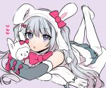  1girl animal_ears bare_shoulders blush bow cha_sakura eyebrows_visible_through_hair eyes_visible_through_hair fake_animal_ears fur_trim grey_eyes grey_hair grey_skirt hair_between_eyes hair_bow hatsune_miku heart holding holding_stuffed_toy long_hair looking_at_viewer lying on_rock open_mouth pink_bow purple_background rabbit_ears scarf simple_background skirt solo stuffed_animal stuffed_bunny stuffed_toy twintails very_long_hair vocaloid white_footwear white_legwear white_scarf 