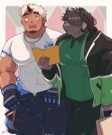  akiha_gongen_(housamo) animal_ears animal_nose bangs bara blush book border brown_hair catoblepas_(housamo) dark-skinned_male dark_skin dog_tags facial_hair firefighter_jacket furry furry_male goatee green_shirt highres holding holding_book horns jacket large_pectorals long_hair looking_at_viewer male_focus multicolored_hair muscular muscular_male open_mouth pectorals ponytail sawch_cls scar scar_on_face shirt short_hair sideburns signature simple_background single_horn smile snout thick_eyebrows tokyo_afterschool_summoners two-tone_hair white_border white_hair white_shirt 
