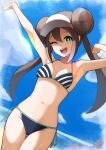  1girl ;d absurdres arms_up bikini blue_sky breasts brown_hair cloud double_bun dutch_angle green_eyes hair_bun highres long_hair looking_at_viewer navel ocean one_eye_closed open_mouth pokemon pokemon_(game) pokemon_bw2 pyonsan rosa_(pokemon) shirt side-tie_bikini sidelocks sky small_breasts smile solo stomach stretch swimsuit teeth thigh_gap thighs twintails upper_teeth visor_cap wet white_shirt 