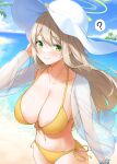  1girl ? areola_slip beach bikini blonde_hair blue_archive blue_sky blush bracelet breasts closed_mouth collarbone commentary_request day floating_hair gohei_(aoi_yuugure) green_eyes halo hand_up hat highres island jewelry large_breasts long_hair looking_at_viewer navel nonomi_(blue_archive) nonomi_(swimsuit)_(blue_archive) ocean outdoors paid_reward_available palm_tree see-through see-through_shirt side-tie_bikini sky smile speech_bubble spoken_question_mark stomach sun_hat swimsuit tree white_headwear yellow_bikini 