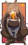  1girl absurdres animal_ears arknights between_legs binware black_border black_wristband blush boots border breasts brown_coat brown_footwear brown_hair ceobe_(arknights) coat dog_ears food food_in_mouth full_body hand_between_legs highres indian_style infection_monitor_(arknights) long_hair long_sleeves looking_at_viewer medium_breasts mouth_hold orange_background outside_border pizza pizza_slice red_eyes sitting solo star_(symbol) thigh_boots very_long_hair white_border 