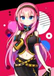  1girl absurdres black_skirt blue_eyes breasts closed_mouth cowboy_shot hand_on_own_chest headphones highres large_breasts long_hair looking_at_viewer megurine_luka multicolored_background navel offbeat pink_hair skirt solo standing tattoo vocaloid 