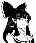  1girl absurdres bangs bow closed_mouth commentary_request frilled_bow frills greyscale hair_bow hair_tubes hakurei_reimu highres long_hair looking_at_viewer miazuma_sarin monochrome ribbon-trimmed_collar ribbon_trim shirt sidelocks simple_background sleeveless sleeveless_shirt smile solo touhou upper_body 