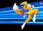  3d_(artwork) action_pose anthro bandai_namco blue_background breasts claws clothing digimon digimon_(species) digital_media_(artwork) extended_leg female fighting_pose fur gloves handwear looking_at_viewer mcfizzyd_(nuthead101) nipples nude pose raised_leg raised_tail renamon simple_background solo source_filmmaker tail_motion toe_claws yellow_body yellow_fur ying_yang 
