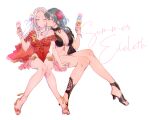  2girls bikini blush breasts byleth_(fire_emblem) byleth_(fire_emblem)_(female) cape closed_mouth edelgard_von_hresvelg fire_emblem fire_emblem:_three_houses fire_emblem_heroes flower food hair_ornament hair_ribbon highres ice_cream licking long_hair mizuno_(iori-amu) multiple_girls one-piece_swimsuit purple_eyes red_cape ribbon sexually_suggestive simple_background swimsuit white_hair yuri 