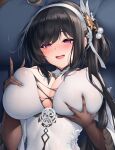  1girl alternate_breast_size azur_lane black_hair blush breast_grab breasts brown_gloves center_opening chen_hai_(azur_lane) china_dress chinese_clothes covered_nipples cropped dress elbow_gloves gloves grabbing grabbing_own_breast heart heart-shaped_pupils huge_breasts long_hair o-yatsu open_mouth purple_eyes see-through see-through_dress solo symbol-shaped_pupils upper_body white_dress 