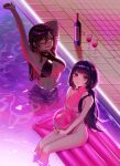  2girls absurdres alcohol arm_up badamon ball bangs black_hair blunt_bangs bottle breasts cleavage dark-skinned_female dark_skin drink genshin_impact hair_down highres looking_at_viewer medium_breasts multiple_girls navel night one_eye_closed partially_submerged ponytail poolside purple_eyes purple_hair sitting small_breasts smile swimsuit wet wine_bottle xinyan_(genshin_impact) yellow_eyes yun_jin_(genshin_impact) 