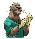  anthro brown_body brown_fur clothing doctor doctorotter fur gloves grin handwear latex_gloves lutrine male mammal mustelid scrubs simple_background smile solo unknown_artist white_background 