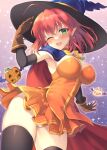  1girl ahoge alice_wishheart armpits awayuki_ramika blush bow breasts cape choker earrings elbow_gloves gloves green_eyes hat highres jack-o&#039;-lantern jewelry large_breasts looking_at_viewer magical_halloween medium_hair one_eye_closed orange_skirt panties pointy_ears pointy_hat red_hair sideboob skirt star_(symbol) star_earrings thighhighs underwear witch witch_hat yellow_bow 