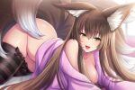  1girl animal_ear_fluff animal_ears bad_id bad_twitter_id black_legwear breasts brown_hair fox_ears fox_girl fox_tail green_eyes hair_between_eyes long_hair looking_at_viewer medium_breasts no_bra no_panties open_mouth pantsu_majirou pink_sweater smile solo striped striped_legwear sweater tail thighhighs thighs very_long_hair 