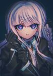  1girl adjusting_clothes adjusting_gloves bangs black_gloves black_jacket black_ribbon braid collared_shirt danganronpa:_trigger_happy_havoc danganronpa_(series) esu_(tasoesu) gloves grey_shirt hair_ribbon hands_up highres jacket kirigiri_kyouko long_hair looking_at_viewer necktie purple_eyes ribbon serious shirt solo 