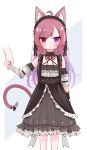  1girl :&lt; ahoge angry animal_ears bandages bangs black_ribbon cat_ears cat_tail collar dress frilled_collar frilled_dress frilled_hairband frills gothic_lolita gradient_hair hairband heterochromia highres holding_hands indie_virtual_youtuber lolita_fashion mikeneko_(utaite) milk_tea_1993 multicolored_hair pink_hair pout purple_eyes purple_hair red_eyes ribbon sidelocks simple_background tail 