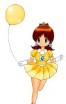  1girl balloon bangs brooch brown_hair closed_mouth crown dress earrings echo1215 gloves jewelry mario_(series) mario_party mario_party_3 princess_daisy retro_artstyle short_dress short_hair smile solo yellow_dress 