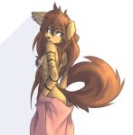  anthro apogee_(tinygaypirate) arm_tuft black_nose breasts brown_body brown_eyes brown_fur brown_hair butt canid canine canis cheek_tuft clothing cowlick curled_tail domestic_dog ear_piercing elbow_tuft eyebrow_through_hair eyebrows eyelashes facial_markings facial_piercing facial_tuft female floppy_ears fur furgonomics furry-specific_piercing grey_background hair head_markings hi_res inner_ear_fluff long_hair looking_back mammal markings messy_hair mottled mottled_nose muzzle_piercing nose_piercing nude piercing pink_nose side_boob simple_background slim small_breasts solo spitz standing tinygaypirate translucent translucent_hair tuft undressing 