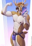  abs anthro antlers barely_visible_genitalia barely_visible_penis batch_(righthandtoaster) cervid clothed clothing flexing genitals hair horn jockstrap long_hair male mammal mostly_nude muscular muscular_male nipples pecs penis penis_base phone selfie sigma_x smile solo underwear underwear_only 