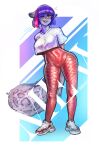  2019 anthro big_breasts border breasts clothing crop_top felid female fluffy fluffy_tail footwear hair hands_behind_back hi_res highlights_(coloring) jooshy legwear looking_at_viewer mammal mew_(helixjack) one_eye_closed open_mouth pantherine pattern_clothing pattern_legwear pink_nose purple_hair red_clothing red_eyes red_highlights red_legwear shirt shoes sneakers snow_leopard solo standing tight_clothing topwear white_border white_crop_top wink 