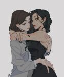  2girls ahndory arms_around_neck black_hair brown_eyes brown_hair closed_mouth commentary_request green_eyes grey_background highres korean_commentary lipstick makeup mole mole_on_cheek multiple_girls original pointy_ears yuri 