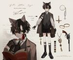  1boy animal_ears armband bangs black_hair blood blood_on_face book broken_glass buckle cat_boy cat_ears cat_tail character_name character_profile character_sheet coat coat_on_shoulders collared_shirt color_guide cross cup ear_piercing earrings glass gloves green_eyes grey_hair gun heterochromia jewelry latin_text long_sleeves monocle multicolored_hair ookami_ciro original otozuki_teru piercing pocket_watch puffy_sleeves revolver ring sepia_background shirt shoes short_hair sidelocks simple_background socks tail tea vest watch weapon yellow_eyes 