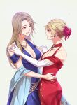  2girls blonde_hair blue_dress blue_nails breasts brown_hair choker cleavage closed_mouth collarbone cowboy_shot dancing dress earrings elbow_gloves evening_gown eye_contact gem gloves granblue_fantasy grey_background grin hand_on_another&#039;s_shoulder hand_on_hand jewelry katalina_(granblue_fantasy) long_hair looking_at_another medium_breasts miso-ha_(ukyuu) multiple_girls nail_polish necklace red_choker red_dress red_eyes red_gemstone sash short_hair simple_background smile standing straight_hair vira_(granblue_fantasy) white_gloves yuri 