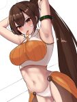  1girl absurdres armpits bangs blush breasts brown_hair dnf_duel dungeon_and_fighter fighter_(dungeon_and_fighter) hair_between_eyes highres large_breasts mouth_hold navel ponytail solo sseong striker_(dungeon_and_fighter) 