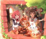  2girls :d absurdres ahoge apron aztec bangs black_dress blush bow brick_wall brown_hair chocolate commentary_request dark-skinned_female dark_skin dress frilled_apron frills hair_between_eyes hair_ornament highres holding holding_wand jug long_hair long_sleeves maid maid_apron mexico multiple_girls one_side_up original poncho red_bow red_eyes red_hair smile spoon stick_jitb wand white_apron window 