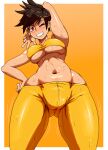  1girl arm_behind_head bandeau blush breasts brown_hair curvy exercise grin hand_on_hip highres looking_at_viewer medium_breasts navel one_eye_closed overwatch pants plump shiny shiny_skin smile spiked_hair stomach sweat thick_thighs thighs tracer_(overwatch) underboob wet wide_hips winonar yellow_background 