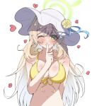  1girl arm_behind_back bangs bare_shoulders bikini blonde_hair blue_archive blush breasts cleavage collarbone finger_to_mouth flower green_eyes halo hand_up hat hat_flower heart heart-shaped_pupils large_breasts long_hair looking_at_viewer nano_(oekakidaisukii) navel nonomi_(blue_archive) nonomi_(swimsuit)_(blue_archive) one_eye_closed shushing simple_background smile solo sun_hat swimsuit symbol-shaped_pupils upper_body white_background white_headwear yellow_bikini 