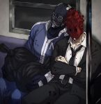  1boy 1girl absurdres black_jacket black_necktie black_pants blood blood_on_clothes blue_gloves blue_jacket blue_pants blurry clothes_writing collared_shirt crossed_arms depth_of_field dorohedoro formal gloves highres jacket jewelry ki_(mxxxx) leaning_on_person leaning_to_the_side long_sleeves mask necktie noi_(dorohedoro) pants ring shin_(dorohedoro) shirt sitting sleeping sleeping_upright stitched_arm stitched_fingers suit track_suit train_interior trash_bag white_shirt window zipper 