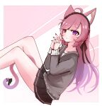  1girl ahoge animal_ears bangs bare_legs black_ribbon braid cat_ears cat_tail collarbone fingernails gradient gradient_background gradient_hair heterochromia highres hood hoodie indie_virtual_youtuber mikeneko_(utaite) milk_tea_1993 miniskirt multicolored_hair own_hands_clasped own_hands_together pink_hair purple_eyes purple_hair red_eyes ribbon side_braid sidelocks simple_background skirt tail 