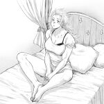  1girl bare_arms bare_legs barefoot bed blush bra breasts cleavage collarbone cross curtains dorohedoro from_above greyscale highres inverted_cross ki_(mxxxx) knees_apart_feet_together knees_up large_breasts long_hair looking_at_viewer midriff monochrome noi_(dorohedoro) on_bed pillow shorts sleepy sleeveless solo strap_slip underwear v_arms 